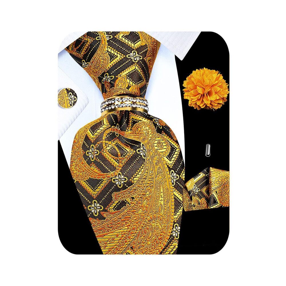 1569 5PCS Gold Paisley Tie Pocket Square , Silk Necktie